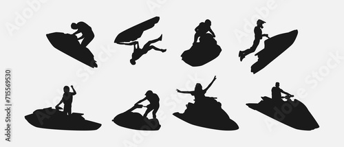 jet ski silhouette collection set. sport, race, vehicle, vacation concept. different actions, poses. monochrome vector illustration.