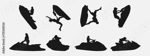 jet ski silhouette collection set. sport, race, vehicle, vacation concept. different actions, poses. monochrome vector illustration.