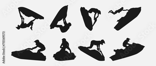 jet ski silhouette collection set. sport, race, vehicle, vacation concept. different actions, poses. monochrome vector illustration.