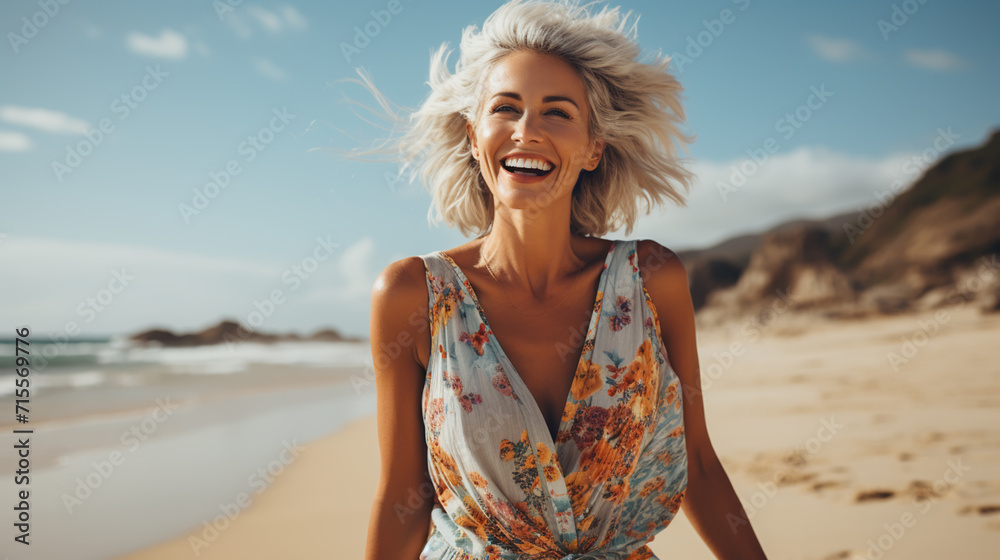 Laughing vivacious blond woman with a sense of humour standing on a tropical beach with copy space - obrazy, fototapety, plakaty 