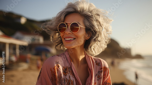 Laughing vivacious blond woman with a sense of humour standing on a tropical beach with copy space