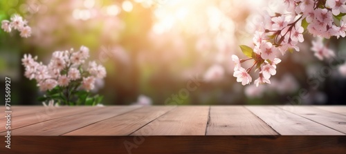 An empty wooden table top overlooking a blooming spring garden. Blurred background. Banner