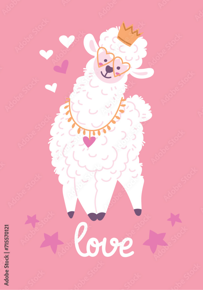 Cute alpaca in love, card with cartoon style vector illustration