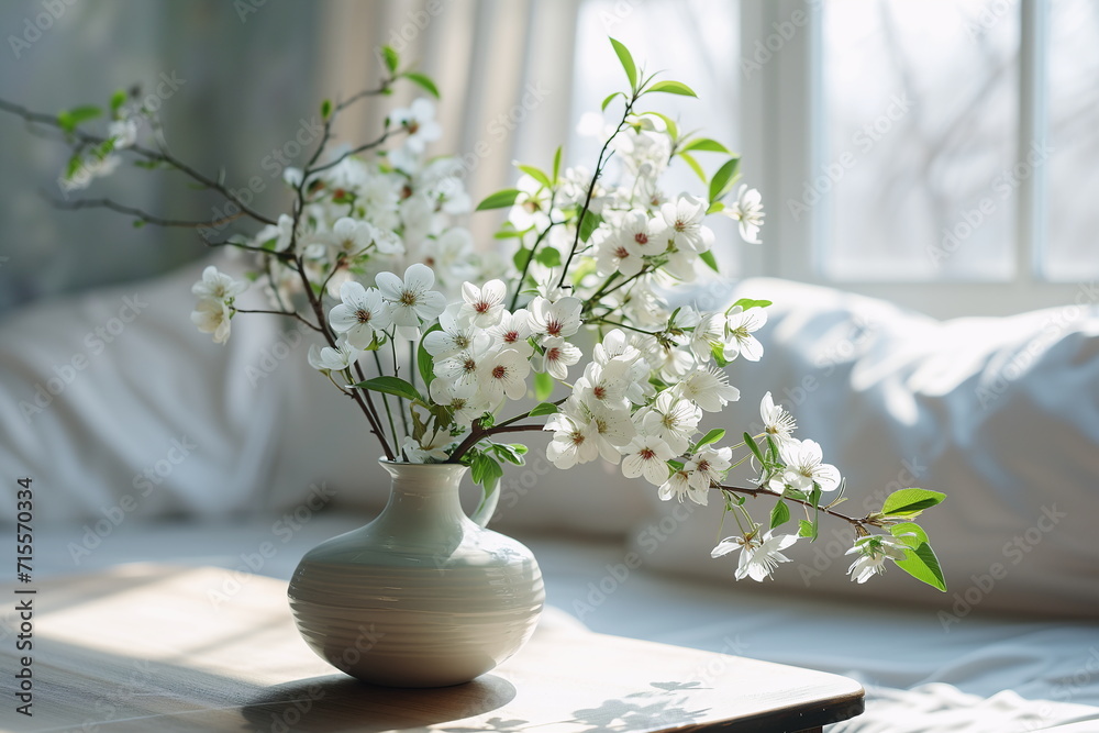 Spring flowers, tree branches in vase in bedroom. Spring photography concept for banners, flyers and advertisements, with space for text Spring flowers, tree branches in vase in bedroom. Spring photography concept for banners, flyers and advertisements, with space for text