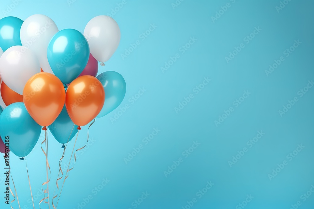 colorful balloons on a blue background, with space for text