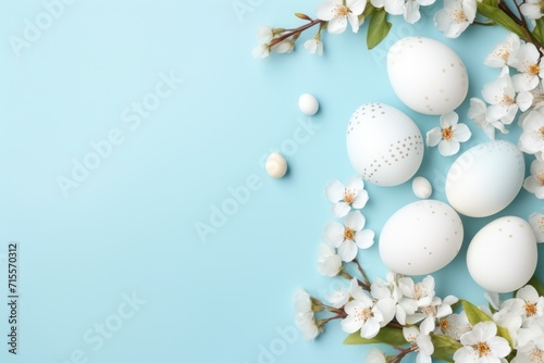 White Easter eggs with white flowers on blue background. Top view. Copy space. Happy Easter.