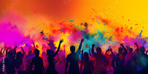 Obraz na płótnie Illustration of a crowd of people at colorful holi festival celebration