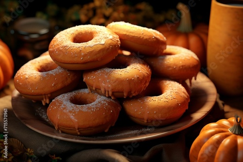 Pumpkinflavored donuts arranged on a serving. Generative ai