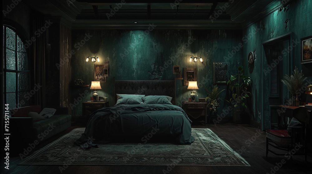The dark-colored bedrooms create an atmosphere of an elegant and cozy room where you can relax and unwind. The center of attention of this banner is a large bed covered with soft black sheets and deco The dark-colored bedrooms create an atmosphere of an elegant and cozy room where you can relax and unwind. The center of attention of this banner is a large bed covered with soft black sheets and deco