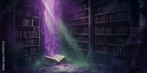 Enchanted Library: Sunlit Tomes and Mystical Dust Among Shadowy Shelves with Violet and Green Whispers of Magic © Vasilya
