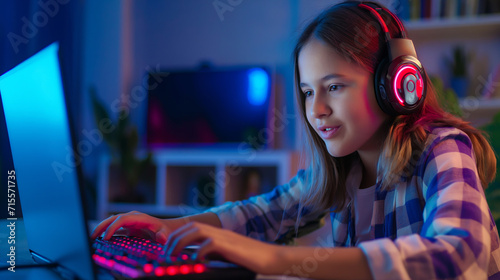 Garota gamer jogando no computador com emoções  photo