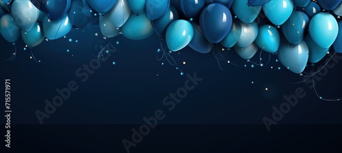 Blue balloons on a blackish blue background are spaced for text photo