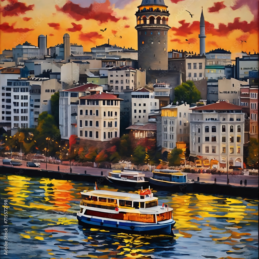 Panoramic view of Istanbul from the Golden Horn at sunset. Digital painting on canvas
