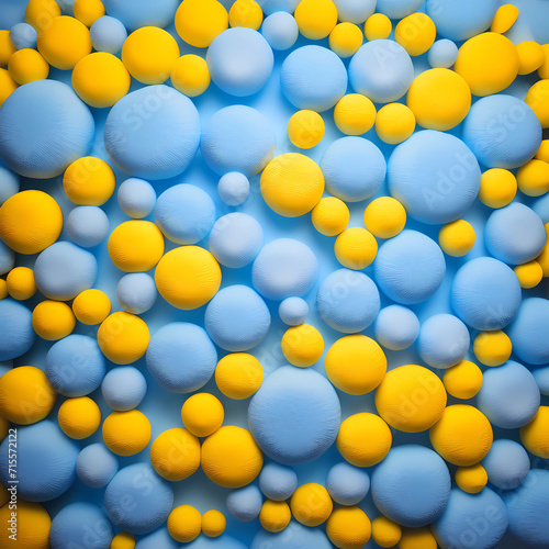 yellow and light blue balls of different sizes, yellow and blue balls, surface made of blue and straw-colored balls photo