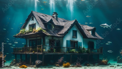house under water, fish, algae