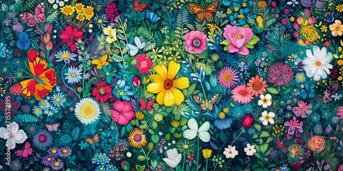Enchanted Garden: A Luminous Floral and Fauna Illustration with Central Illuminated Bloom photo