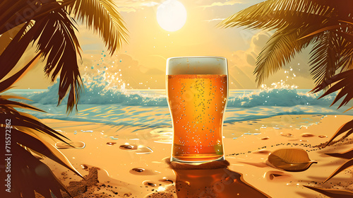 Lo-fi illustration of beer pint in the sand on a tropical beach. Drinks. © MadSwordfish