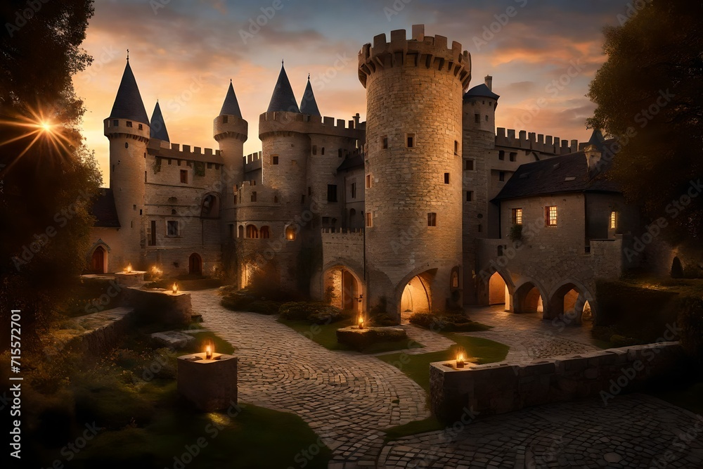 **As the sun dips below the horizon, casting a warm glow over the scene, the castle's medieval architecture takes on a timeless elegance. Turrets reach skyward, and cobbled pathways wind through the