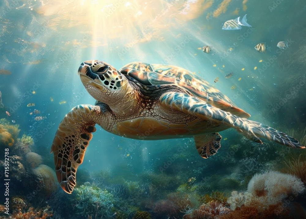 sea turtle with a group of colorful fish and colorful corals underwater in the ocean