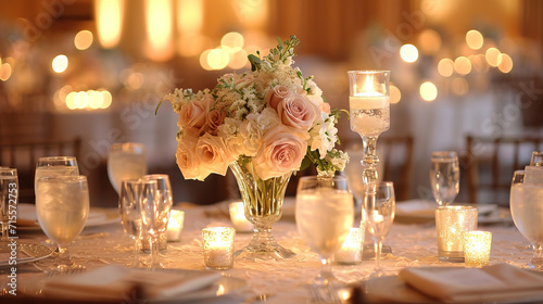 The wedding bouquet on the table is an exquisite and elegant accessory that adds luxury and romance to the wedding space. photo