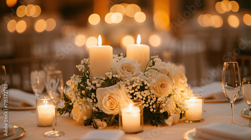 The wedding bouquet on the table is an exquisite and elegant accessory that adds luxury and romance to the wedding space.