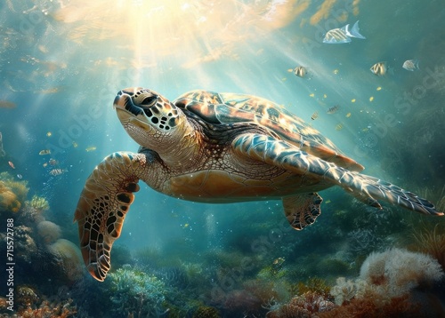 sea turtle with a group of colorful fish and colorful corals underwater in the ocean