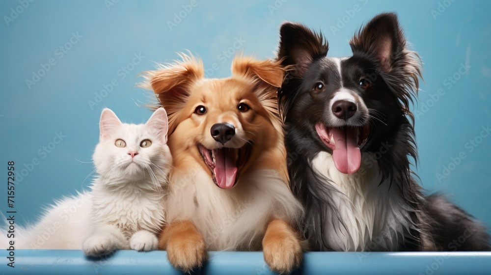 Cute and funny cat and dogs peeking out from behind a white blank banner