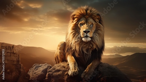 Lion portrait in evening light, cinematic photo