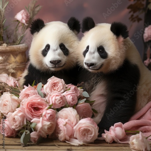 Couple of panda bear celebrating valentines day, pastel background © arti om