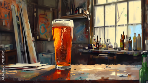 Lo-fi illustration of beer pint on a table inside an art paintor workshopDrinks. photo