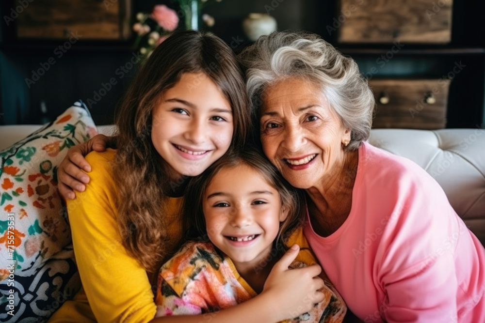 An elderly woman is sitting in an embrace with her granddaughters.