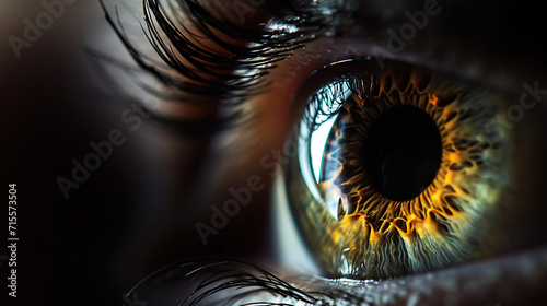 The human eye up close is a celestial ballet of emotion. Its intricate design tells stories through irises, a canvas of joy, sorrow, and dreams. Veins map life's journey, while pupils, like enigmatic  photo