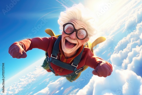 An old lady with a parachute. Grandma is flying in the sky with a parachute. The extreme of an elderly woman.