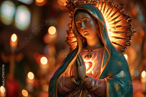 Lady of Guadalupe's exposed heart, radiating with a warm, golden glow