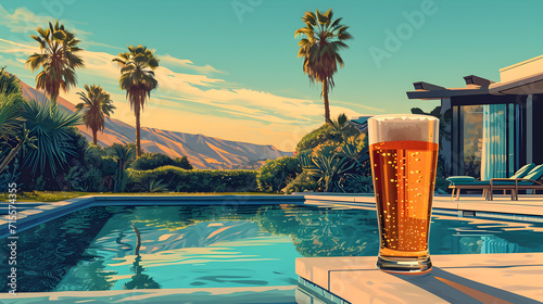 Lo-fi illustration of beer pint on a poolside in a malibu house. Drinks. photo