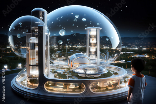 A child looks at the layout at a futuristic cityscape under a glass dome against the dark background of the cosmic night sky. Concept of modern children and future technologies photo