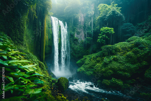 Jungle Mirage: Captivating Waterfall Amidst Green Canopy © AIproduction
