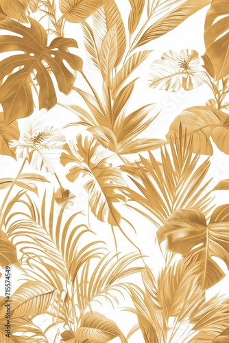 Golden Jungle Elegance  Exquisite White and Gold Tropical Wallpaper Design