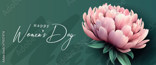 Happy Women's Day. Congratulations on Women's Day. Pink peony bud on a green background. Template for the design of a banner, advertisement, flyer or postcard.