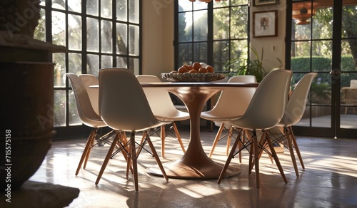 Mid century modern dining room with an eames dining table and side chairs.