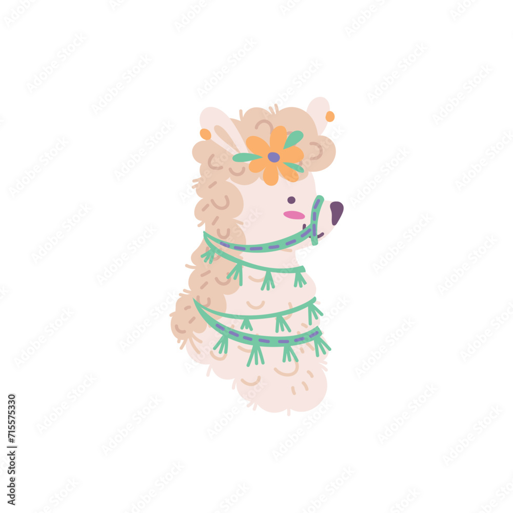Llama alpaca head with flower and decorative bridle, Lama animal cartoon vector isolated, cute funny curly fur animal