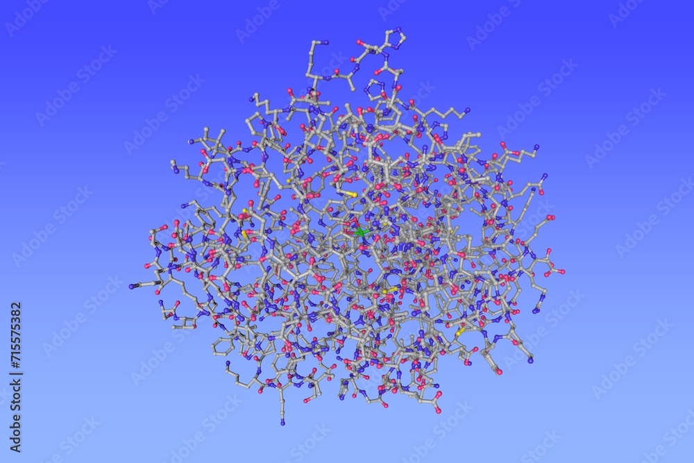 Human tryptophan hydroxylase 1 in complex with inhibitor. Molecular model on blue background. Rendering based on protein data bank entry 8cjn. Scientific background. 3d illustration