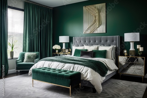 Emerald bedroom interior with walls, double bed with pillows and bedside table