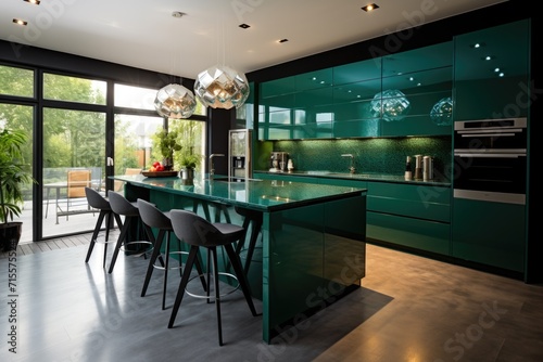 Modern luxury kitchen interior design with green marble countertop, sink and island