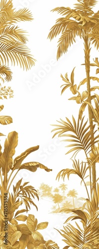 Golden Jungle Elegance  Exotic Wildlife Line Art on White Background Wallpaper Design