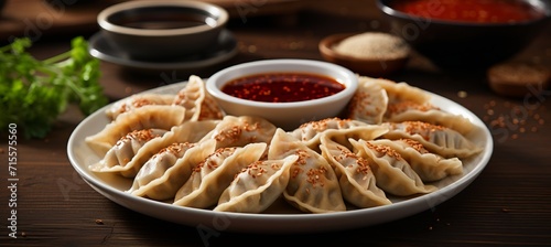 Delicious asian dumplings fried gyozas potstickers on white ceramic plate with soy onion sauce photo