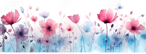 Panel kuchenny z motywem Flower whimsical watercolor painting wallpaper - turquoise pink purple floral oil painting panorama artwork - horizontal colorful modern hand painted landscape panoramic luxury canvas art