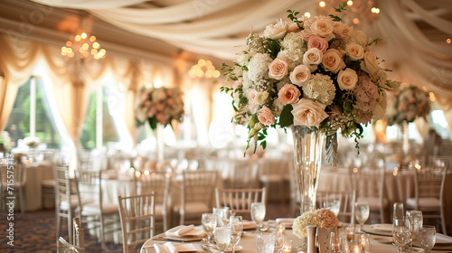 The wedding bouquet on the table is an exquisite and elegant accessory that adds luxury and romance to the wedding space.