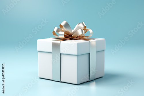 White gift box with gold ribbon in 3D style. Generated by artificial intelligence © Vovmar