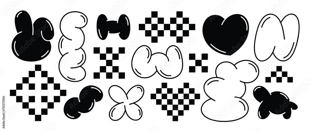 Fototapeta premium Set of y2k style elements vector. Hand drawn collection of heart pixel, rabbit, fluffy, flower, organic shape in black and white color. Design for print, cartoon, card, decoration, sticker.